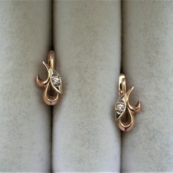 Vintage Soviet USSR Solid 14K 583 Rose Pink White Gold Diamond Pierced Earrings - Picture 4 of 6